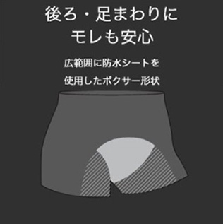 後ろ・足まわりにモレも安心 広範囲に防水シートを使用したボクサー形状