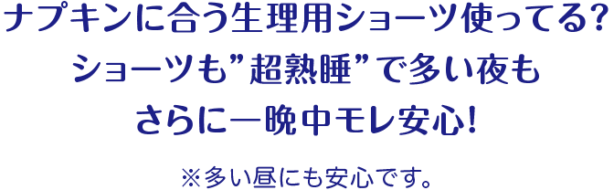 ナプキンに合う生理用ショーツ使ってる？ ショーツも&rdquo;超熟睡&rdquo;で多い夜もさらに一晩中モレ安心！ ※多い昼にも安心です。