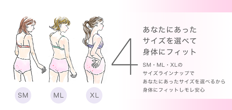 ４ あなたにあったサイズを選べて身体にフィット SM・ML・XLのサイズラインナップであなたにあったサイズを選べるから身体にフィットしモレ安心