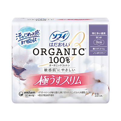 ソフィはだおもい&reg;オーガニックコットン　極うすスリム　特に多い昼用　羽つき26cm